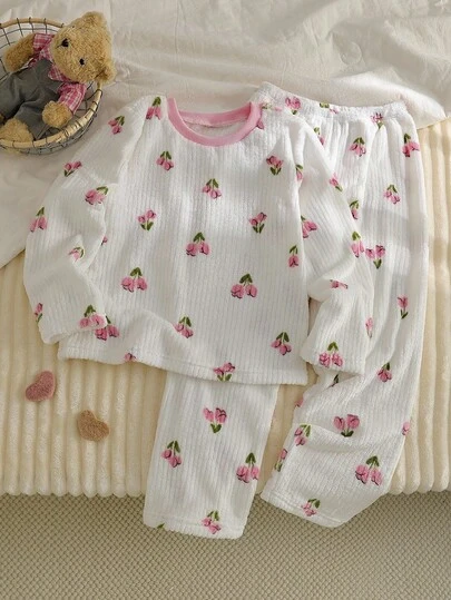 Girls' Floral Print Casual Comfortable Soft Pajama Set, Long Sleeve Top And Pants Girls Pajama Set,Jacquard Tulip Fur Fall Winter
