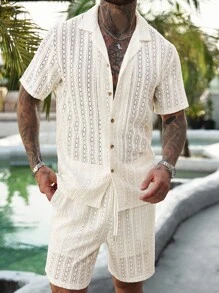 Manfinity RSRT Set 2 bucăți/set bărbați, cămașă și pantaloni scurți cu nasturi în culoare solidă, ținută casual pentru soț, culoare solidă, potrivită pentru vacanță, plajă la mare, timp liber zilnic, ținute de vară, ținute de vacanță pentru bărbați, ținute bărbătești de vară, 2 piese