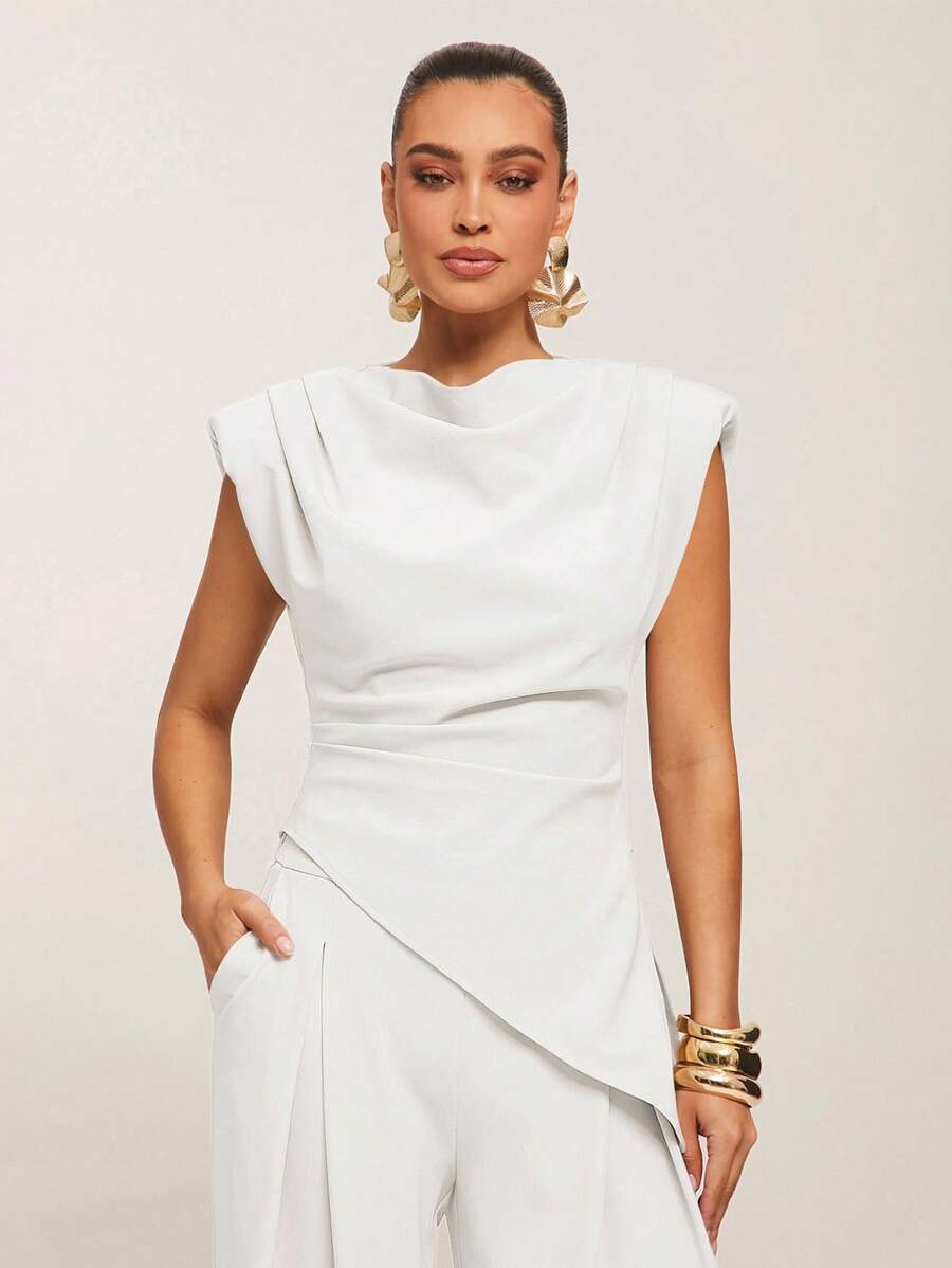 Silquee Blusa casual de mujer minimalista de unicolor con cintura ceñida y bajo asimétrico, blusa drapeada blanca, blusa elegante blanca - Blanco - Ver 1