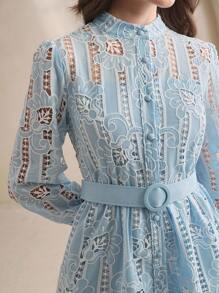 Anewsta Váy sơ mi xanh thêu laser thanh lịch - Xanh và trắng - Xem 1