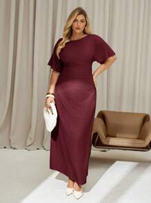 Auralis 女士大码夏季纯色亚麻连衣裙，短袖长裙，夏季女士连衣裙，女士夏季度假连衣裙，女士休闲连衣裙，女士端庄连衣裙 - 酒紅色 - 查看 5