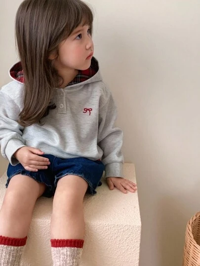 DAZY Áo nỉ dài tay thêu nơ có mũ trùm đầu cho bé gái mới biết đi, mùa xuân/thu
