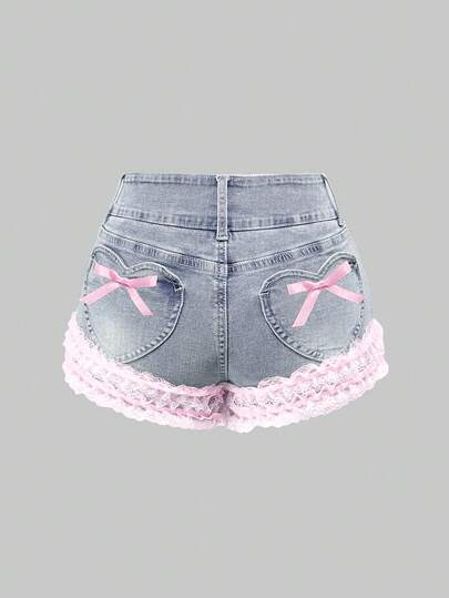 ROMWE Kawaii 青少年休闲可爱蝴蝶结装饰心形口袋撞色蕾丝边牛仔短裤