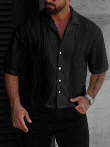 Manfinity Homme Men's Summer Solid Color Short Sleeve Single-Breasted Casual Commuter Shirt - Black - View 6