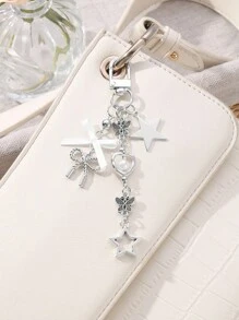 ROMWE Kawaii 1pc Y2K Minimalist High-End Silver Butterfly Faux Pearl Hollow Heart Star Woven Bow DIY Keychain Bag Charm, Suitable For Women/Girls Daily Wear, Holiday Gift - Silver - View 7