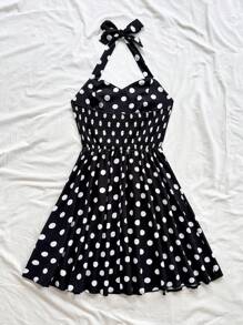 Soleia Polka Dot Print Tie Backless Halter Dress - Black - View 2