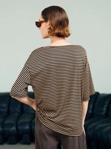 Uhlyne Uhlyne Women's Casual Striped Short Sleeve T-Shirt, Summer - Brown - View 3