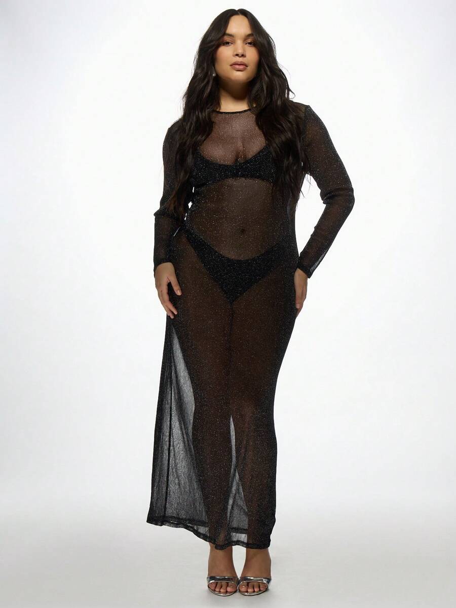 MISSGUIDED PLUS Sheer Mesh Glitter Maxi Cover Up Long Sleeve Plus Size Party Evening Dress Overlay See Through Sparkle Club Gown Beach Resort Wear - Black - View 1