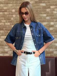 DAZY 女式宽松短袖牛仔衬衫、牛仔夹克、秋季女装 - 藍色 - 查看 2