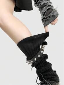 ROMWE Grunge Punk 1 Pair Punk Style Black Knit Leg Warmers + Five-Pointed Star Rivet PU Leather Leg Cuffs, Goth Flared Stacked Leg Warmers, Fashion & Slimming, Suitable For Daily Wear And Festival Party, Halloween - Black - View 5