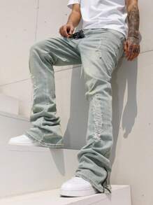 Manfinity EMRG 男士口袋做旧褶皱休闲百搭牛仔裤 - 淺色水洗藍 - 查看 3