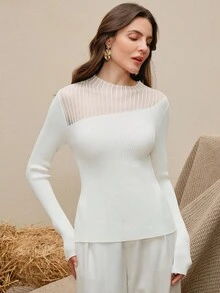 Anewsta 女式欧根纱拼布罗纹长袖修身毛衣 - 白色 - 查看 3