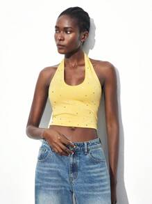 Maija Yellow Summer 70's Club Night Party Disco Rhinestone Decor Sleeveless Top,Women's U-Neck Open Shoulder Blouse For Music Festival,Christmas & Halloween - Yellow - View 6