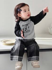 Hapijoa Bộ 2 áo thun tay ngắn in họa tiết hoạt hình màu tương phản và quần pijama kẻ sọc thường ngày cho bé gái, quần áo mùa thu cho trẻ mới biết đi - Đen và trắng - Xem 4