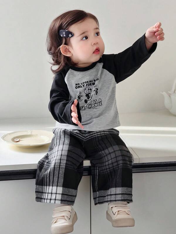 Dazy Kids 2pcs Baby Girls' Cartoon Print Contrast Color Short Sleeve T-Shirt And Casual Plaid Pants Pajama Set