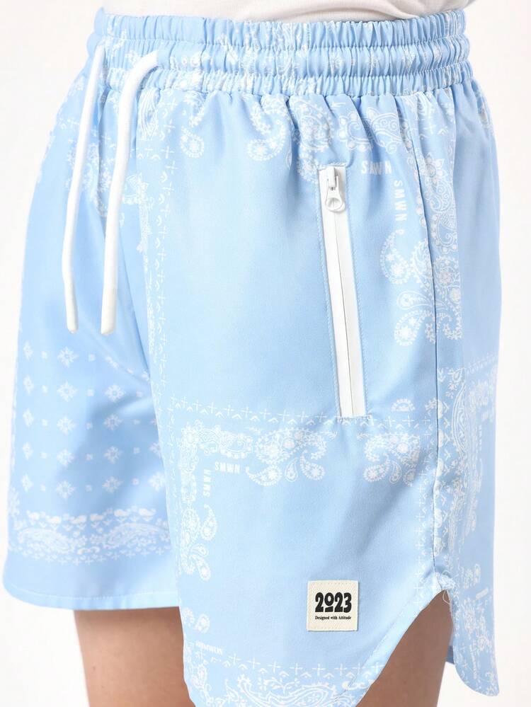 Bandana Print Nylon Board Shorts With Drawstring Waist