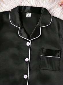 SHEIN Basics Black Satin Pajama Short Set For Tween Girls With Regular Sleeves And Plain Design Satin Pj Set