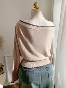 SHEIN EZwear Plus Size Autumn/Winter Casual Minimalist Contrast Color Dogtooth Pattern Ribbed Trim Fitted Pullover Sweater Fall - Khaki - View 3