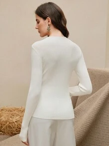 Anewsta 女式欧根纱拼布罗纹长袖修身毛衣 - 白色 - 查看 2