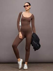Activina Solid Color Seamless High Elasticity Sports Jumpsuit, Autumn/Winter - Brown - View 1