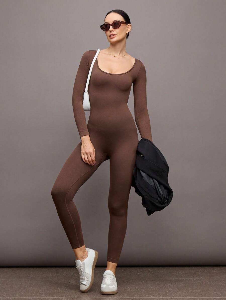 Activina Solid Color Seamless High Elasticity Sports Jumpsuit, Autumn/Winter - Brown - View 1