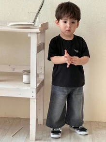 Hapijoa 男童街头风格休闲圆领短袖上衣，夏季 - 黑色 - 查看 5