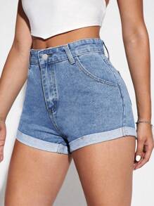 SHEIN Essnce Shorts en mezclilla bajo de doblez - Lavado ligero - Ver 5