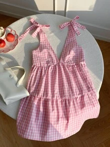 Comfortcana 女式格纹吊带V领泡泡袖迷你连衣裙 - 粉色 - 查看 4