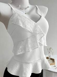SHEIN Unity 女士优雅纯色蕾丝拼布吊带背心，夏季 - 白色 - 查看 6