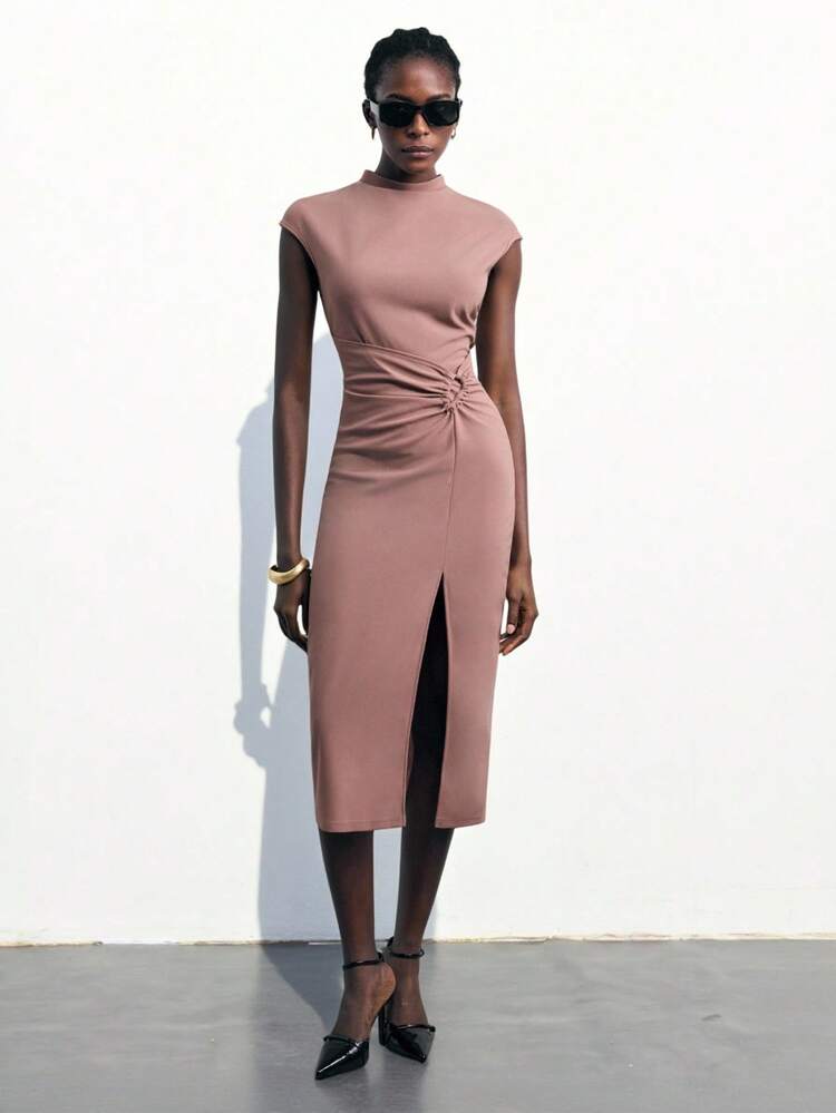 SHEIN Maija Women's Summer Funnel Neck Wide Shoulder Cap Sleeve Waist Ruched Metal Ring 2 In 1 High Slit Dress, Suitable For Casual & Urban Brown Dress Brown Midi Dress Elegant Brown Dress Thigh Slit Dress, Fall Clothes For Women,Winter Clothes For Women,Winter Clothes,Night Out,Going Out Tops Women, Night Out Outfit,Date Night Outfit,Old Money Style Women