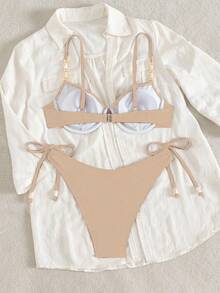 Swim Chiccia 2 件套女士纯色钢圈文胸细肩带珍珠装饰三角泳裤侧系带泳衣套装 - 米色 - 查看 4