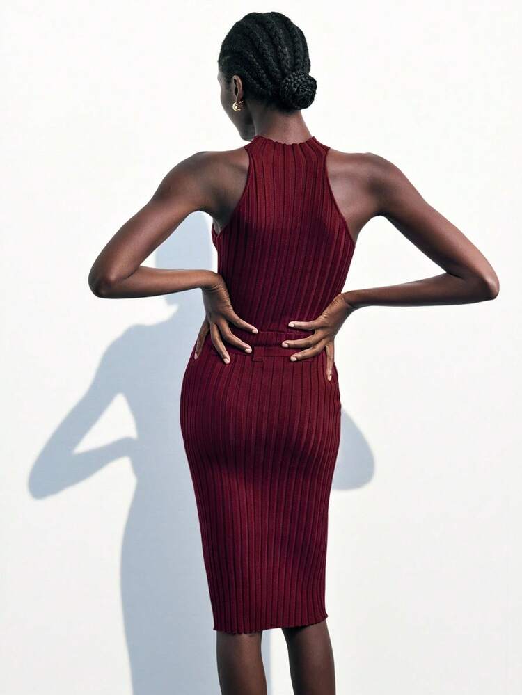SHEIN Maija Robe en tricot à col roulé ajustée 2 en 1 avec boutons métalliques, effet côtelé, style urbain moderne 2025. Coupe moulante adaptée pour la saison des fêtes de début d'automne