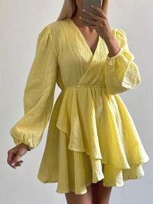 INAWLY 女式休闲纯色灯笼袖迷你连衣裙