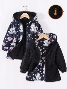 SHEIN 年轻女孩冬季连帽独角兽数码印花束腰保暖内衬双面休闲夹克 - 彩色 - 查看 1