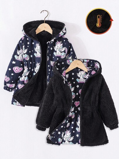 SHEIN 年轻女孩冬季连帽独角兽数码印花束腰保暖内衬双面休闲夹克