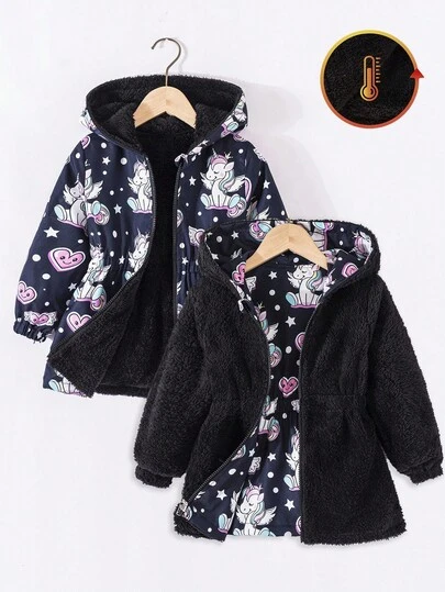 SHEIN Young Girls Winter Hooded Unicorn Digital Print Cinched Waist Thermal Lined Reversible Casual Jacket Girls Unicorn Jacket Girls Winter Jacket Girls Fleece Jacket Cute Jackets For Girls Cartoon Jackets For Girls Fall