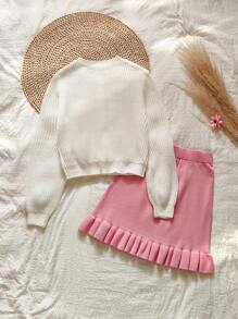 SHEIN 2pcs Girls' Countryside Style Handmade 3D Flower Sweater Cardigan And Mini Skirt Set, Suitable For Back To School, Halloween, Christmas - Pink - View 2