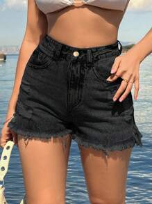 EURMUSE 100%Cotton Back Label Detailed Short With Destroy - Black - View 4