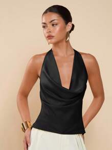 COSMINA Women's Solid Color Plunging Neckline Backless Fashionable Sexy Draped Neck Camisole,Sexy Top