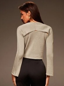 Athîral Conjunto de Cardigan Cropped de Manga Longa e Decote Único e Top de Tricô Sem Mangas de Cor Sólida, Roupas de Outono para Mulheres, Roupas de Halloween - Caqui - Visão 2