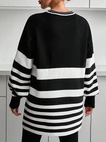 EURMUSE Women Stripe Pattern Round Neck Drop Shoulder Pullover,Jumper,Cream Jumper,Jumpers,Black Jumper,Women's Jumper,White Jumper,Women's Jumper,Women's Jumpers,Winter Clothes - Black - View 6