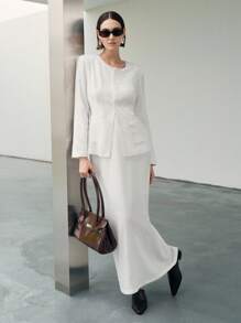 Uhlyne Fall Women Clothes Minimalist Collarless Jacket & A-Line Midi Skirt Linen Suit, Elegant Office Wear - White - View 5