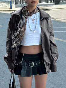 INAWLY 女士宽松长袖皮夹克，秋冬季骑行风格