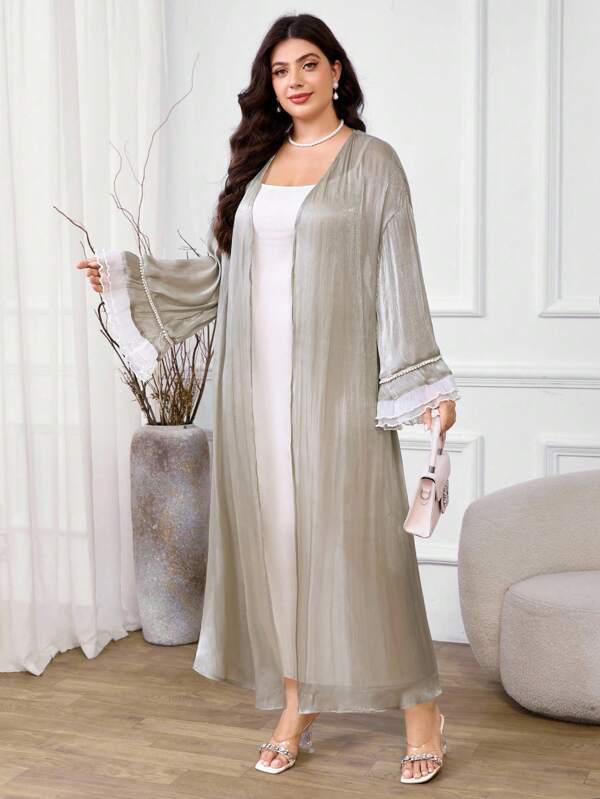 Al Najma Abaya árabe elegante con mangas acampanadas y contraste de color para mujer de talla grande