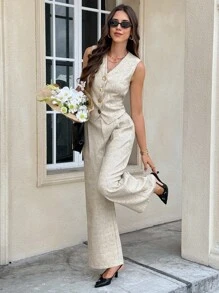 Serisse 女式V领无袖单排扣金属纽扣西装套装 - 杏色 - 查看 6