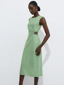 Aveloria Modichic Beige Twill Crew Neck Sleeveless Minimalist High-End Design Waist Pleated Design With Leather Belt Decor Commuter Casual Versatile Vintage Style Women Long Dress