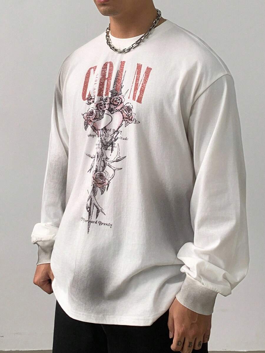 DAZY Camiseta Branca de Manga Longa com Estampa de Letra Vintage de Outono Estilo Gótico de Rua para Homens Camisetas Gráficas Masculinas - Branco - Visão 1