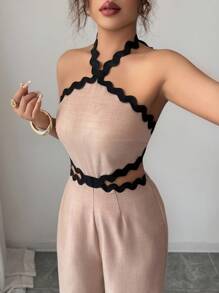 Rafferiza Women's Elegant Wave Strap Halter Hollow Out Waist Wide Leg Sleeveless Jumpsuit