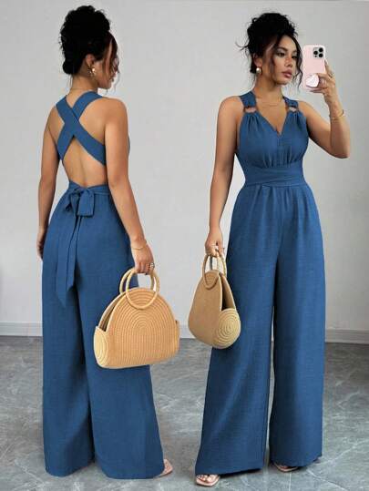 Selianne Mono de pierna ancha con cuello en V y cintura con lazo para mujer, azul, conjunto de verano casual