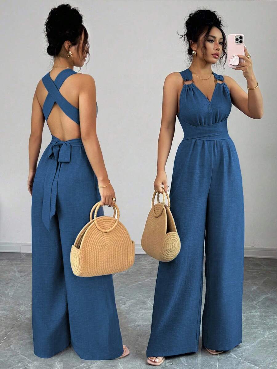 Selianne Bộ đồ liền thân ống rộng buộc eo cổ chữ V dành cho nữ, màu xanh, trang phục thường ngày mùa hè - Màu xanh ngọc - Xem 1
